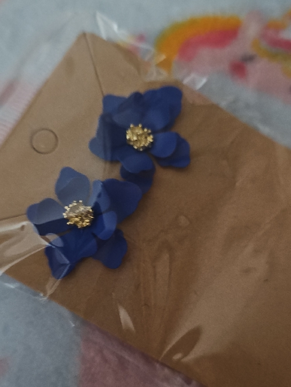 Blue Floral Petal Stud Earrings with Gold Center - Women Jewelry - Picture 3 of 3